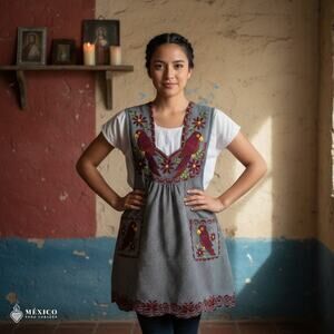 Gray Mexican Embroidered Apron – Standard Kitchen Apron Floral Embroidery